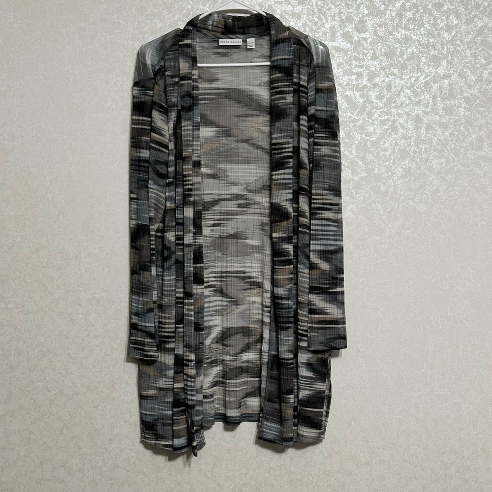 Susan Graver Grey Black Duster Cardigan Abstract Print Lightweight Cover Up XLP